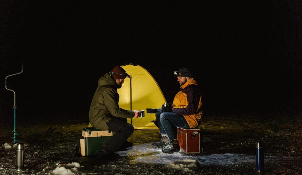 Ice fishing at night