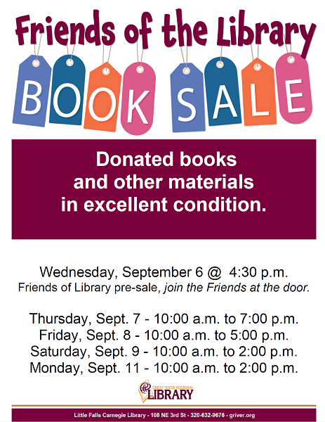 Friends of the Little Falls Carnegie Library Booksale - Fall 2023